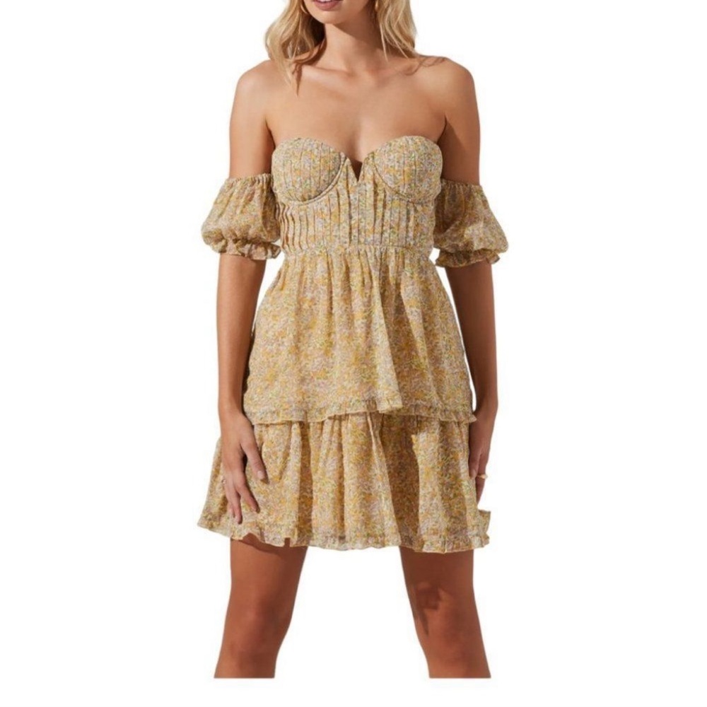 NWT ASTR the Label Floral Tiered Off the Shoulder Minidress Yellow Multi Floral